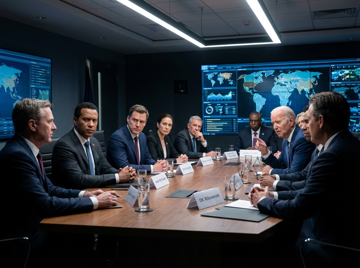 A realistic scene of world leaders in a high-stakes international conference room, large digital maps of the world in the background, tense atmosphere, professional lighting, 4:3