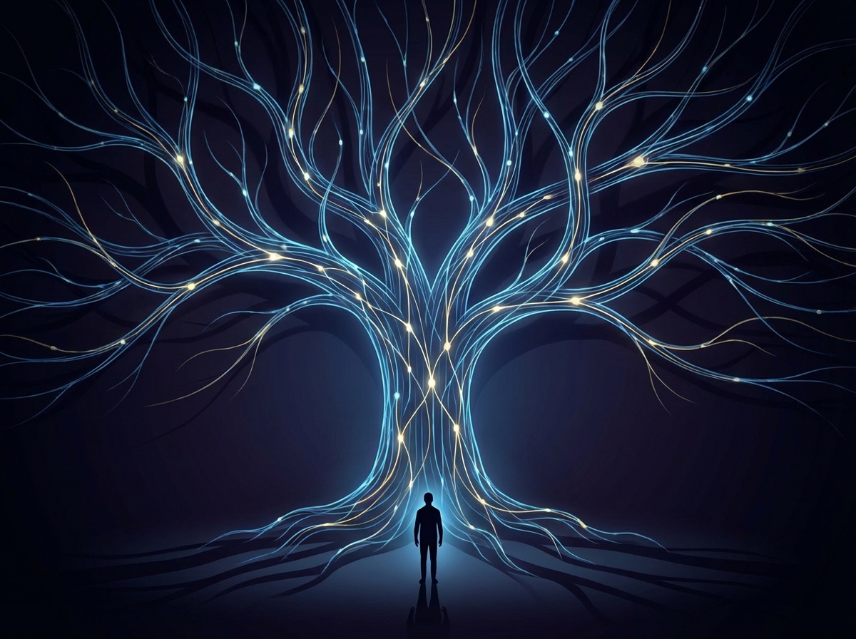 A symbolic illustration of a human silhouette standing before a massive, glowing neural network structure, dark background with blue and gold light paths, representing the mystery and scale of artificial intelligence, high contrast, minimalist style, 4:3