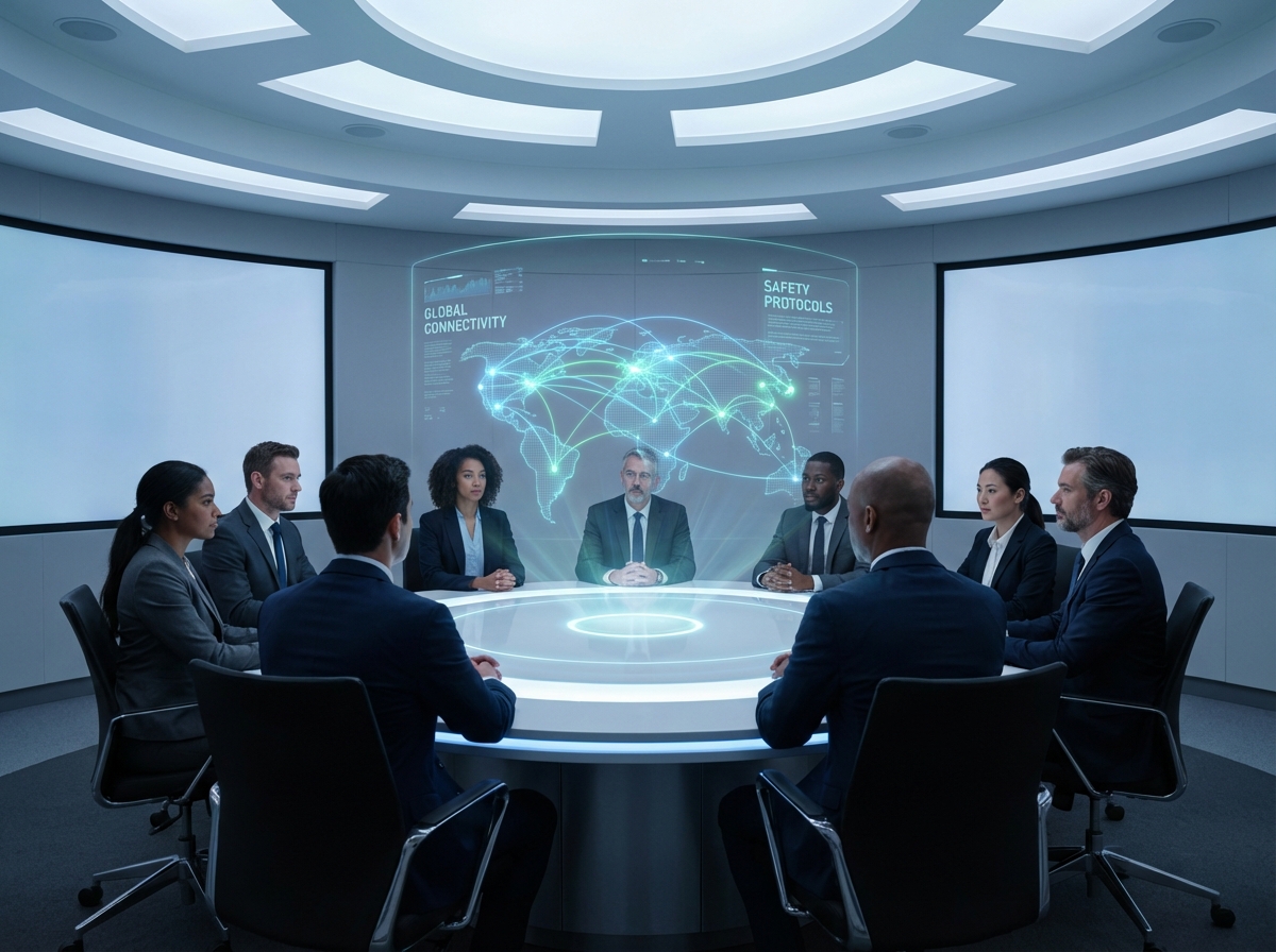 A group of diverse people sitting around a circular table in a high-tech meeting room, collaborating on a large holographic display showing global connectivity maps and safety protocols, professional and serious atmosphere, cool tones, 4:3