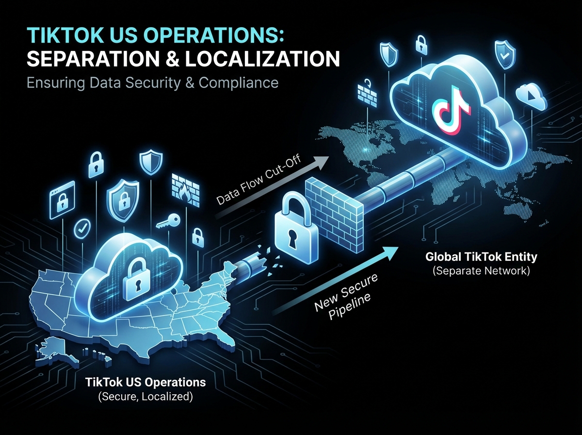 A clean and modern infographic showing the concept of TikTok US operations being separated from its global entity. High contrast background with digital security icons and a subtle TikTok logo. 4:3