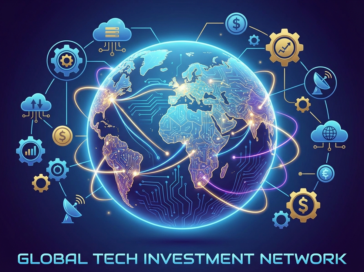 A conceptual illustration representing global technology investment. Symbols of AI connectivity and fiber optic cables linking different parts of the world. 4:3