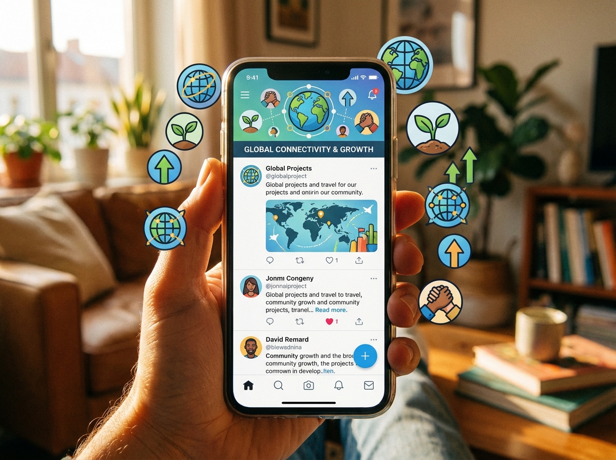 A detailed composition of a smartphone displaying a vibrant social media interface with various icons representing global connectivity and growth. Warm lifestyle lighting. 4:3
