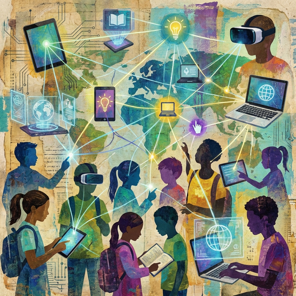 Artistic rendering of a connected network of digital education tools and diverse students, vibrant colors, textured background, conceptual and inspirational style, 1:1