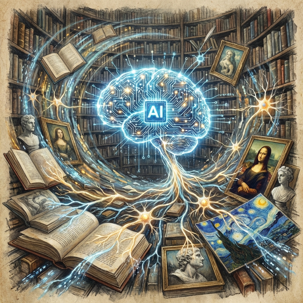 A conceptual illustration of an AI brain consuming a vast library of books and artworks, glowing neurons connected to pages of text, artistic rendering, textured background, 1:1