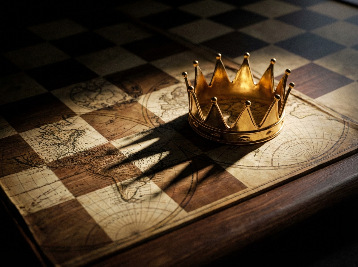 A dramatic close-up of a chessboard with a golden crown on one side and a map of the world as the board, heavy shadows, modern layout, high contrast, 4:3