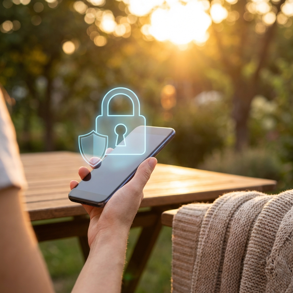 A glowing digital lock icon over a human hand holding a smartphone, security shield overlay, warm lighting, natural setting, 1:1