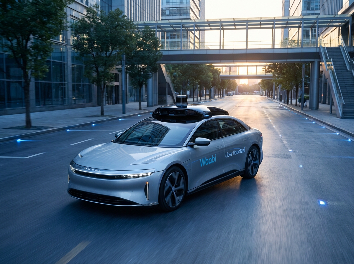 A sleek, modern autonomous passenger car with advanced sensors on the roof, featuring a subtle Waabi and Uber Robotaxi branding, driving on a clean city street at dawn, futuristic and high-tech atmosphere, cinematic lighting, 4:3