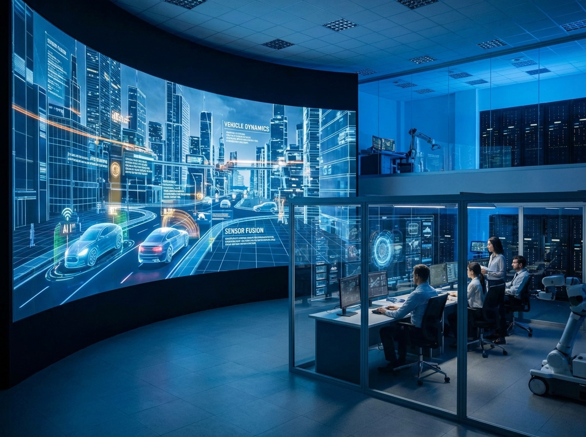 A sophisticated digital twin environment showing a virtual city for training AI drivers, futuristic computer interface with data streams, high-tech research lab setting, realistic and detailed, 4:3