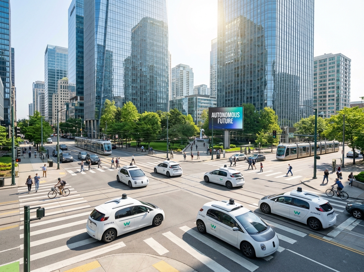 A fleet of white high-tech autonomous taxis driving through a modern metropolitan intersection, bright daylight, realistic urban environment with pedestrians and glass buildings, 4:3