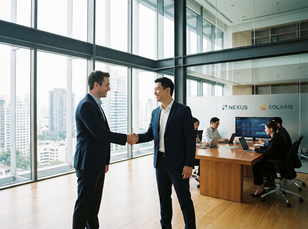 Professional business environment showing a handshake or collaborative meeting between tech executives, modern architecture with glass windows, bright and clean corporate style, 4:3