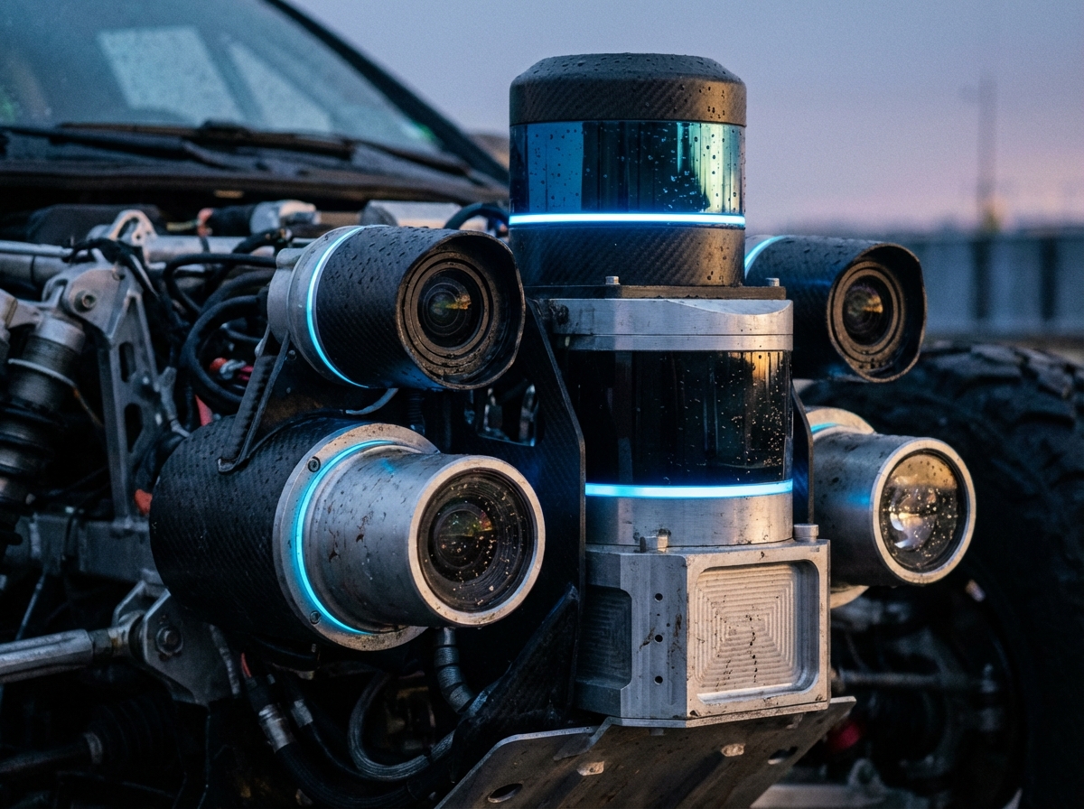 Close-up of a high-tech lidar and camera sensor array on a vehicle, glowing blue light accents, intricate mechanical detail, professional photography, 4:3