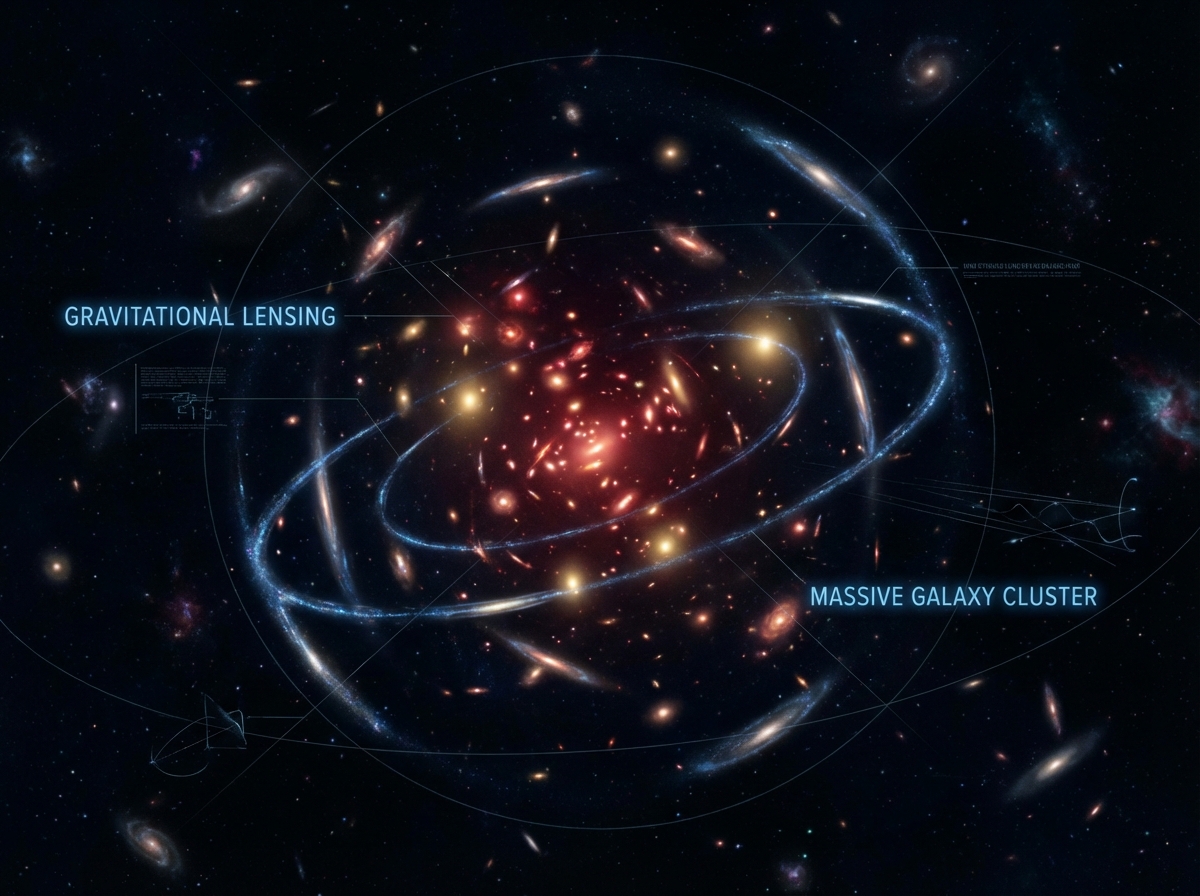 Gravitational lensing effect showing light bending into arcs and circles around a massive galaxy cluster, dark space background, scientifically inspired illustration, 4:3