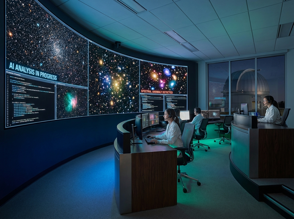 A modern observatory control room with large screens displaying complex star maps and AI analysis data, professional atmosphere, soft ambient lighting, 4:3