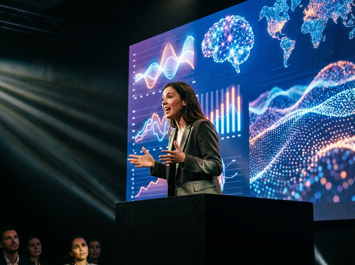 A young entrepreneur presenting a pitch on a dark stage with a large glowing screen behind. The screen shows abstract data visualizations. Dramatic lighting, focused energy. 4:3