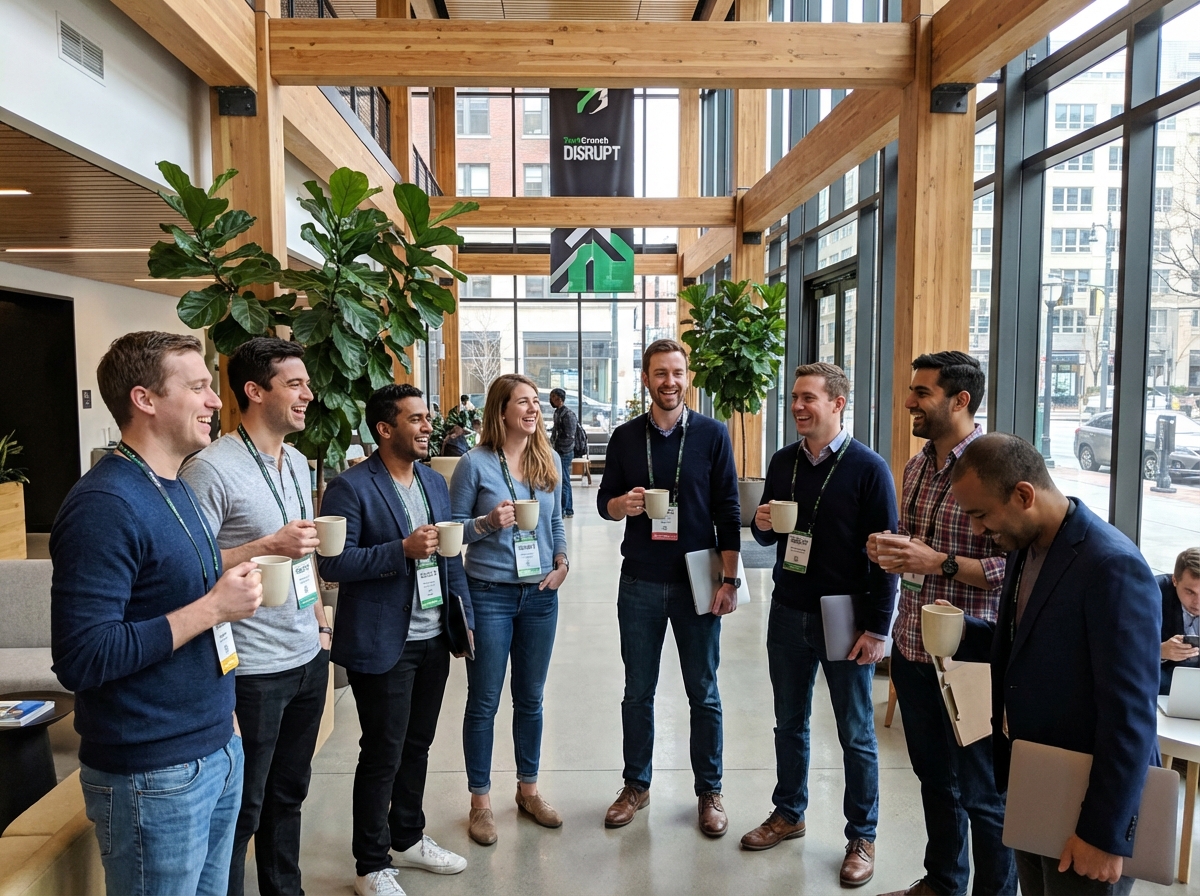 A diverse group of tech professionals standing in a bright lobby, holding coffee cups and talking. Modern interior with plants and natural light. techcrunch disrupt vibes. 4:3