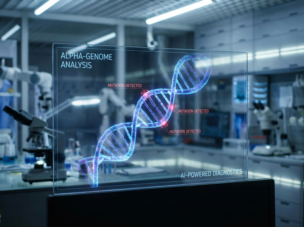 A futuristic AI interface analyzing a complex 3D DNA double helix structure, glowing nodes representing genetic mutations, medical laboratory setting in the background, high-tech aesthetic, AlphaGenome concept, 4:3
