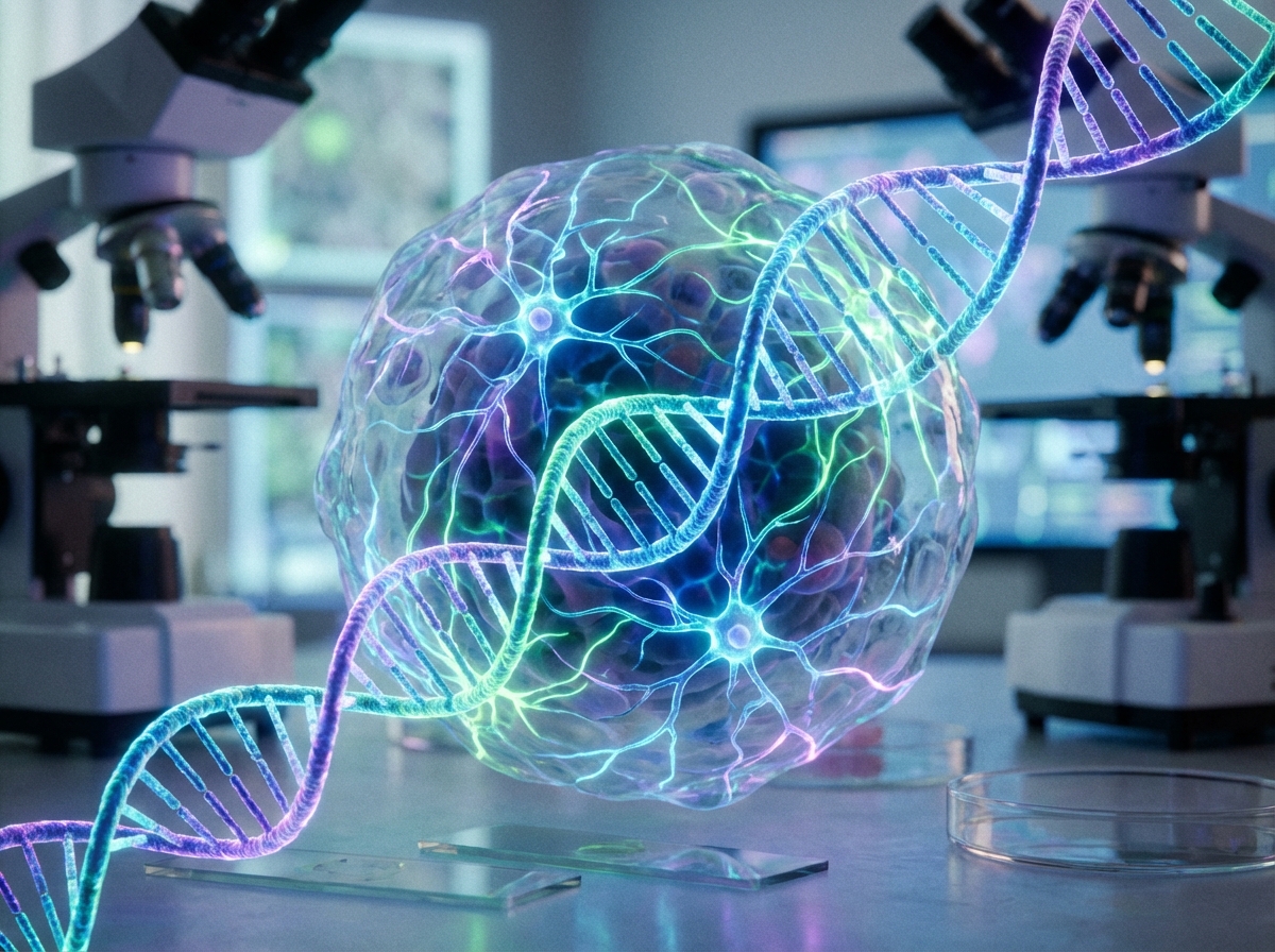 Macro photography of cellular tissues and glowing neural-like genetic networks, vibrant biological visualization, interconnected DNA strands, soft laboratory lighting, 4:3