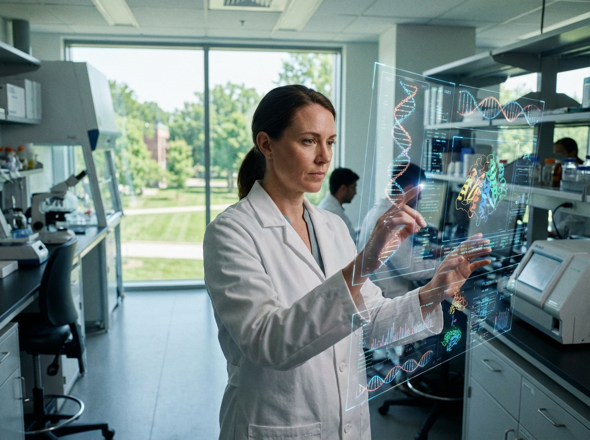 A professional scientist in a clean white lab coat looking at holographic genetic data displays, modern research facility, focused expression, natural daylight, 4:3