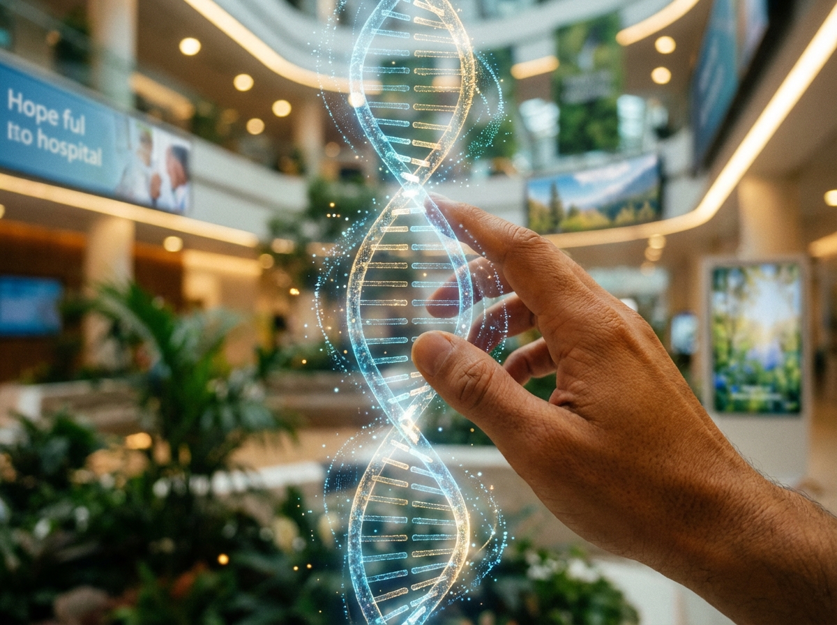 Conceptual art of a human hand touching a digital double helix, soft bokeh background of a high-tech hospital, peaceful and hopeful atmosphere, warm lighting, 4:3