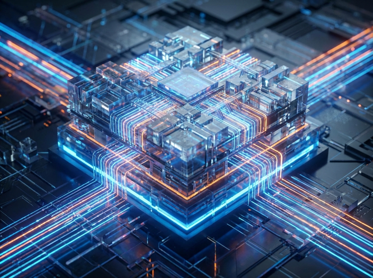 A futuristic semiconductor chip with glowing light trails and 3D stacked architecture, macro photography, high tech atmosphere, blue and orange lighting, 4:3