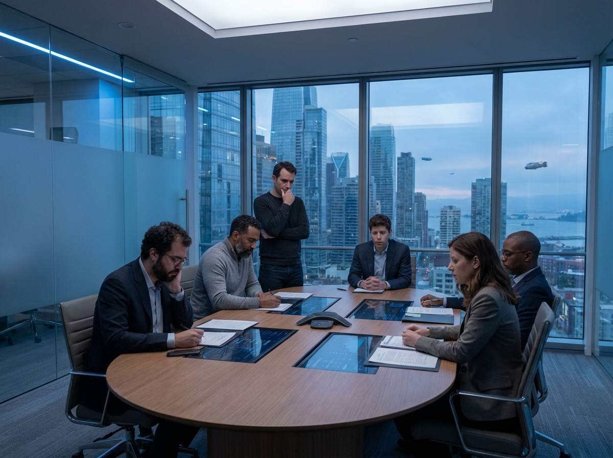 미래 기술 도시에서 회의 중인 테크 기업 리더들