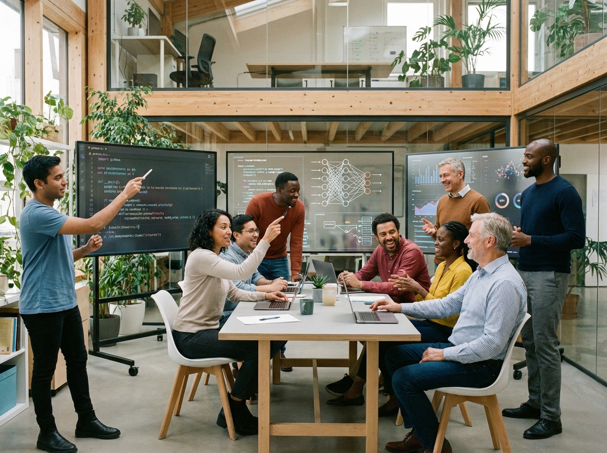 인공지능 연구실에서 심각하게 대화하는 연구원들