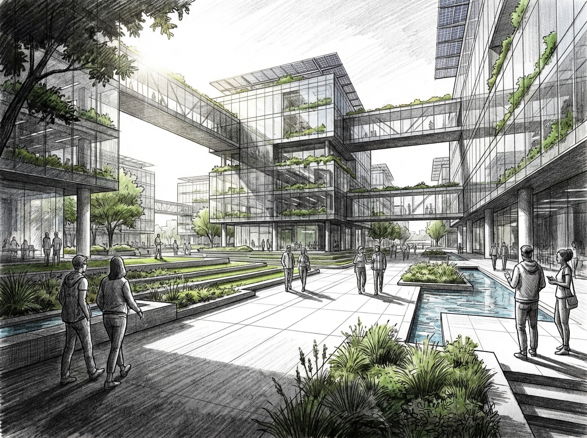 평화적인 분위기의 현대적인 테크 단지 광장