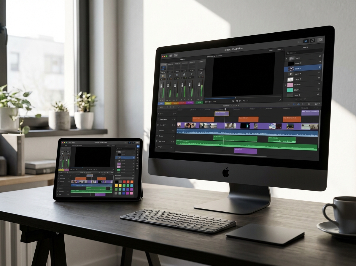 A professional and sleek digital workstation featuring Apple's Creator Studio Pro software on a Mac and iPad. The screen displays vibrant video editing timelines, music waveforms, and graphic design layers. The environment is a modern, sunlit creative studio with minimalist decor. High contrast, clean layout, 4:3