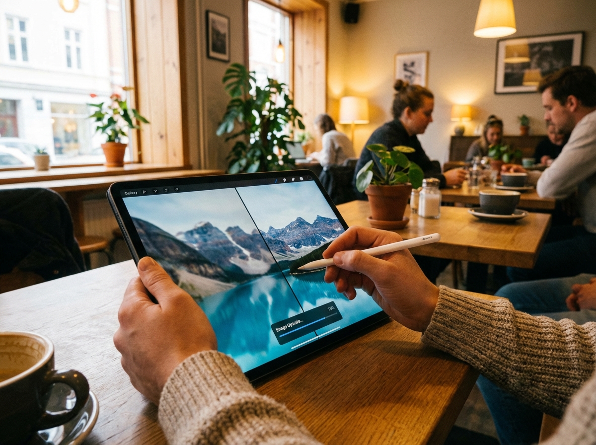 A person using an Apple Pencil on an iPad Pro to edit a photo. The screen shows an "Image Upscale" progress bar with a before-and-after comparison of a blurry and sharp landscape photo. The setting is a cozy cafe with warm lighting. Lifestyle photography, 4:3