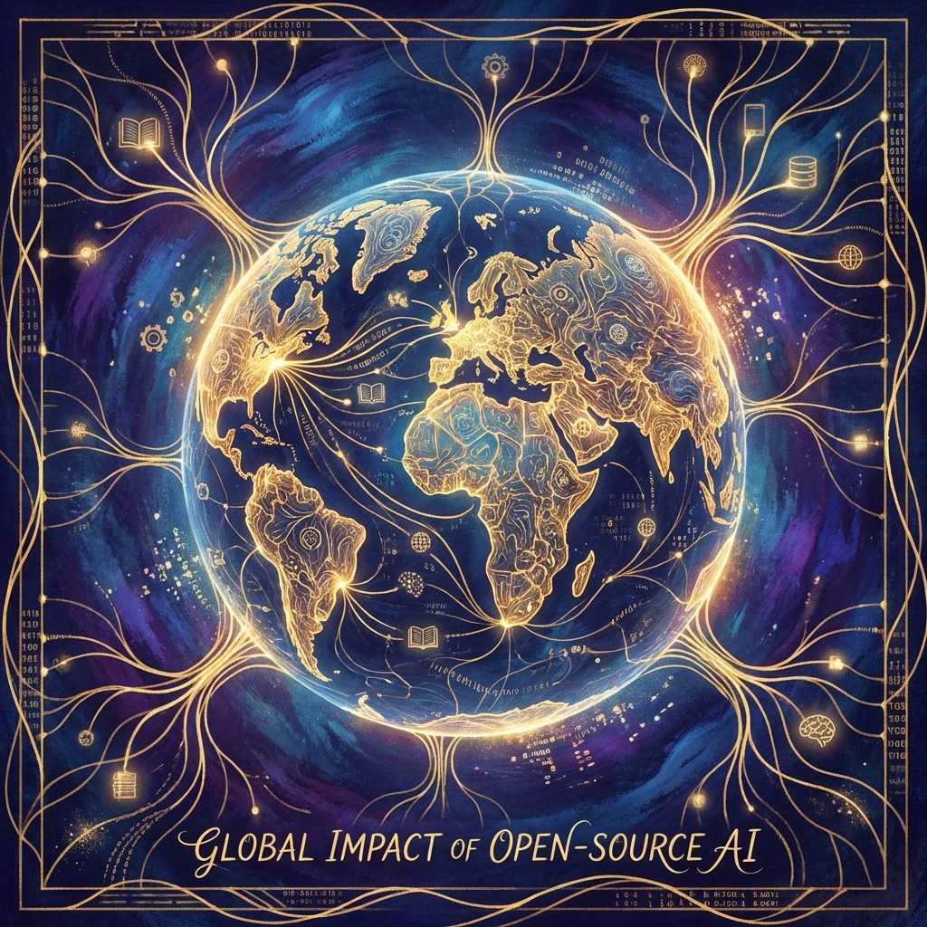 An artistic rendering of a glowing globe connected by golden data lines on a dark blue textured background, symbolizing the global impact of open-source AI. 1:1