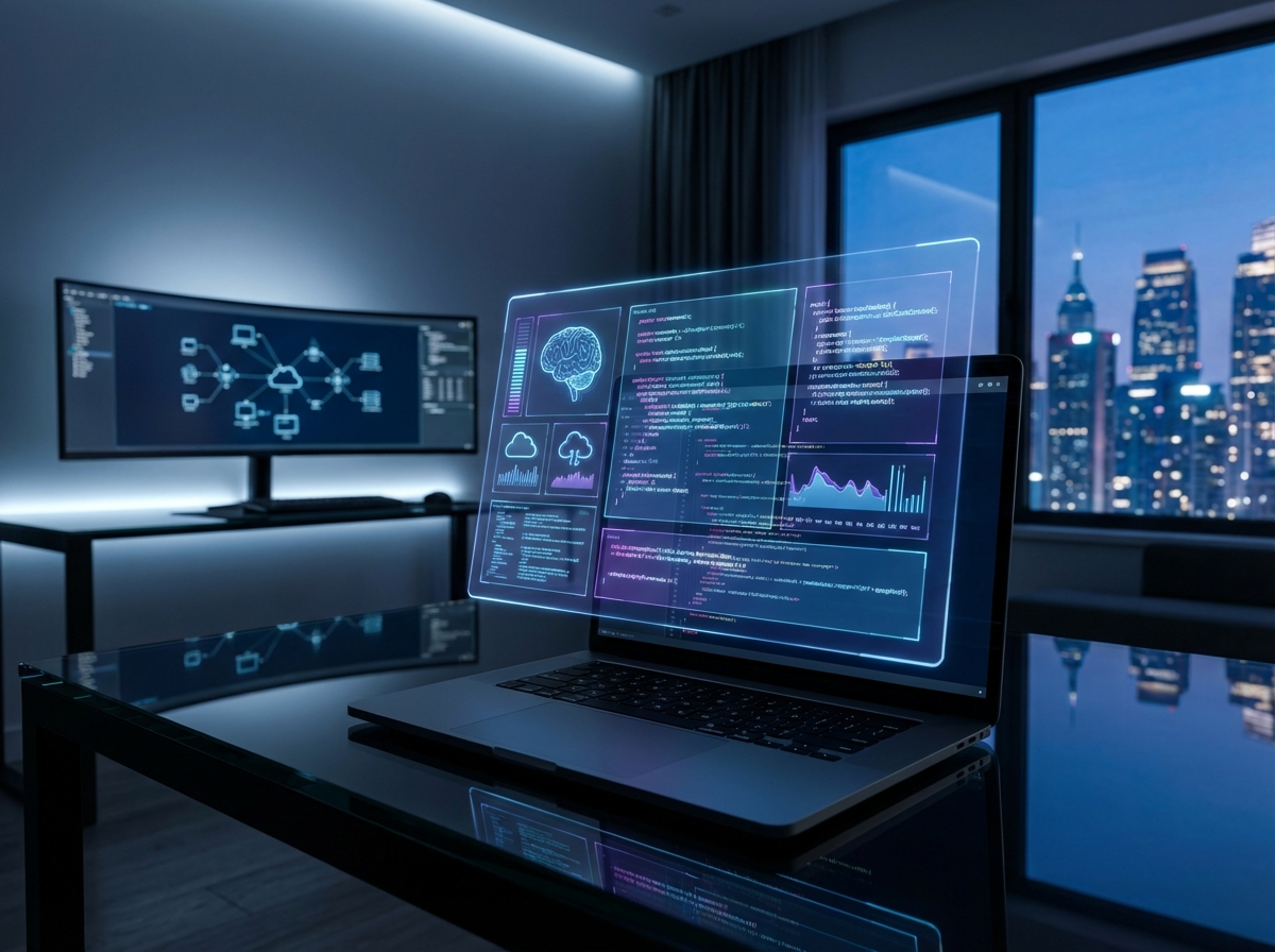 A modern software development workspace with glowing holographic code floating above a laptop, symbolizing AI-assisted programming and cloud infrastructure integration, futuristic and clean tech aesthetics, high contrast, 4:3