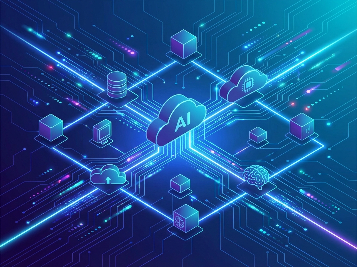 An abstract illustration of various cloud service icons connected by glowing blue lines, showing complex network infrastructure, clean and professional design, tech-focused background, 4:3