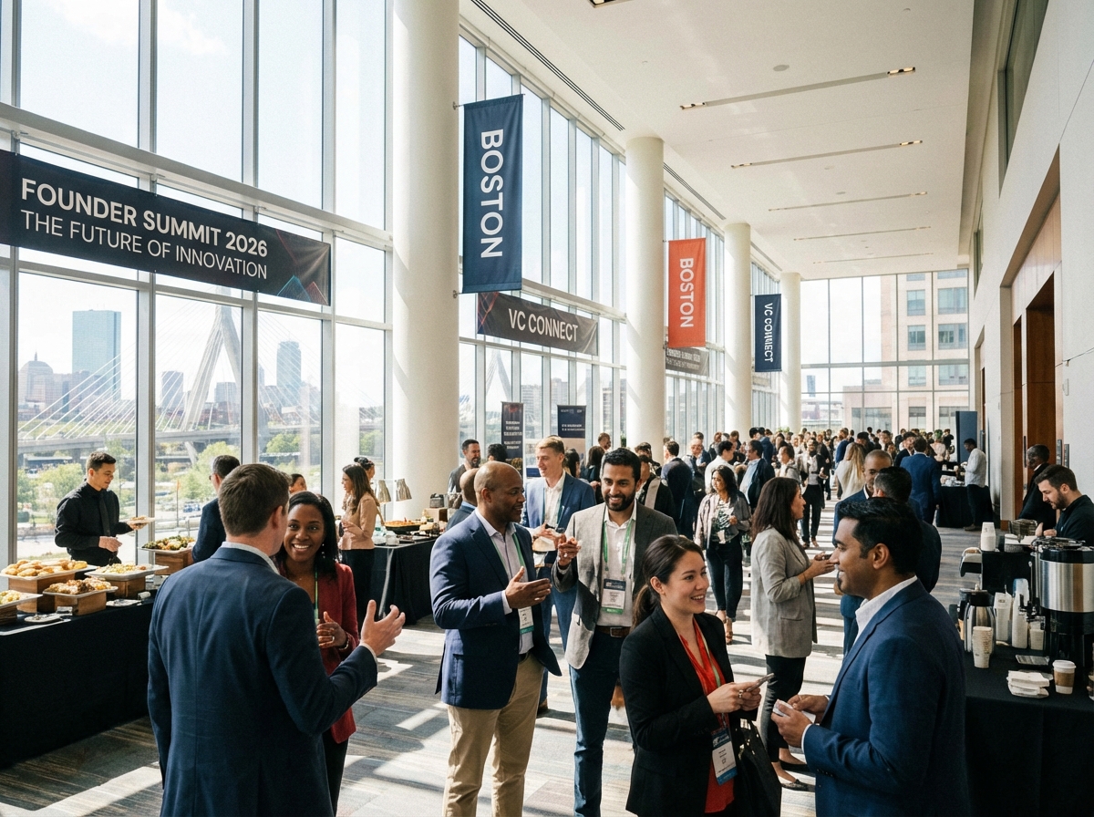 A professional and vibrant networking scene at a tech conference in Boston. Startup founders and investors are engaged in deep conversations in a modern, sunlit hall with large windows. High-quality photography style, Founder Summit 2026 atmosphere. 4:3