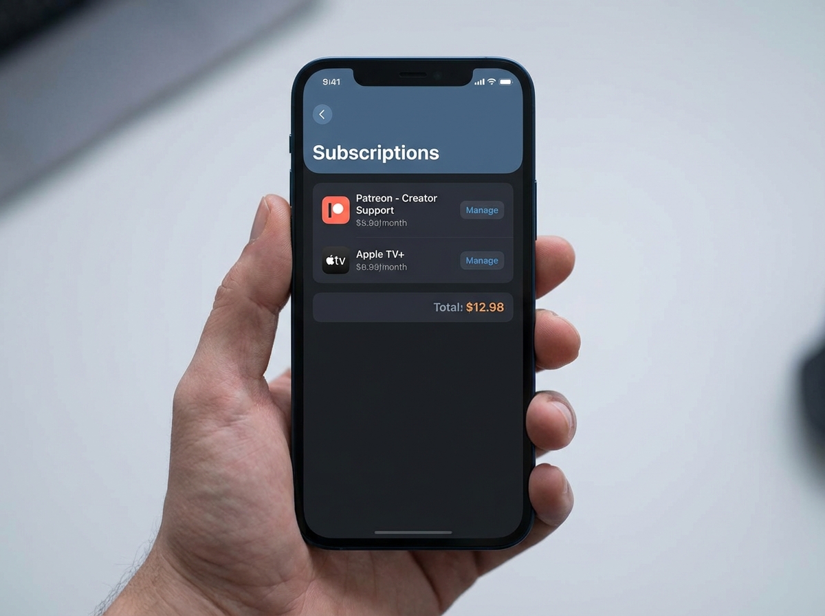 A professional digital payment interface on a smartphone screen showing subscription management, Patreon Apple in-app purchase theme, modern and clean UI design, soft studio lighting, 4:3