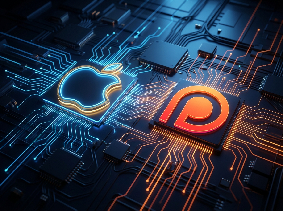 Two large tech corporate logos integrated into a digital circuit board background, contrasting colors, dramatic lighting, representing Apple and Patreon ecosystem changes, 4:3
