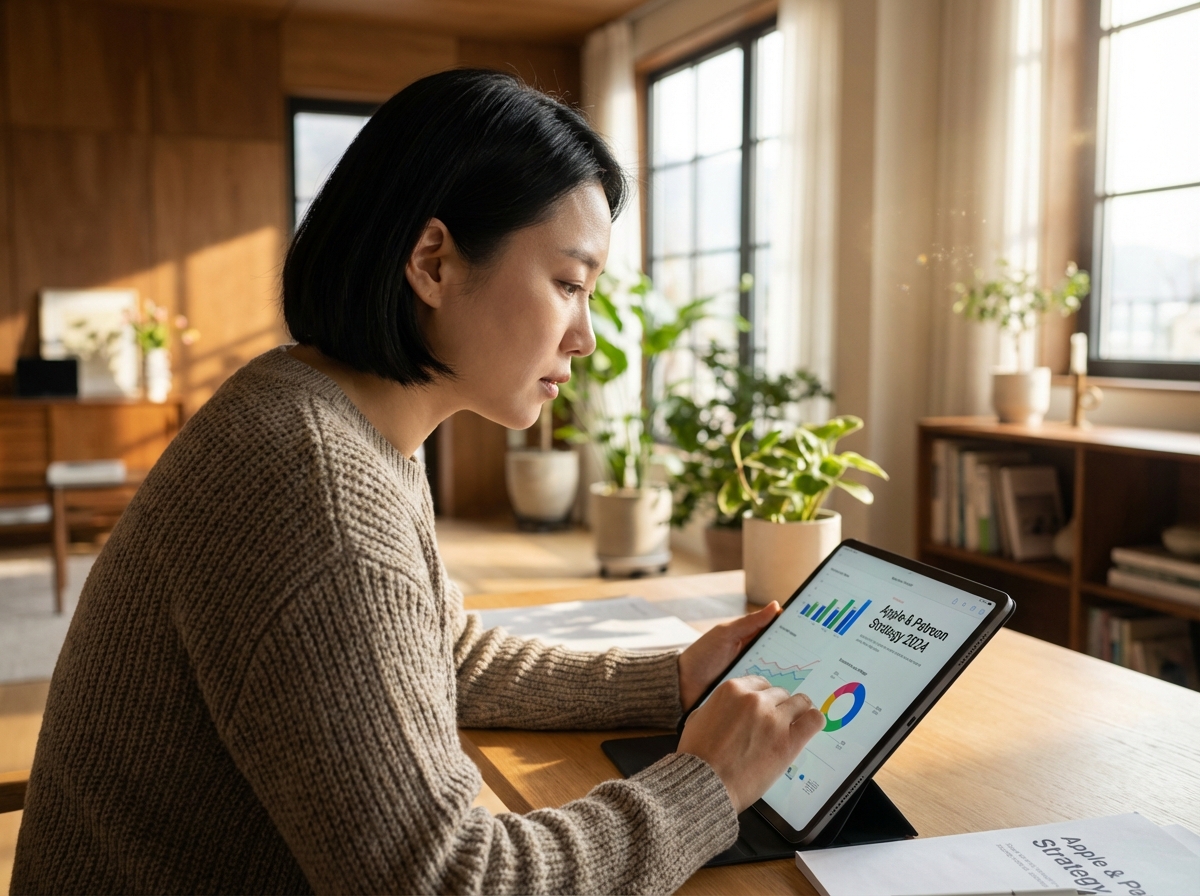 A focused person of Korean appearance looking at a tablet showing business growth charts in a warm modern home office, realistic lighting, Patreon Apple in-app purchase strategy context, 4:3