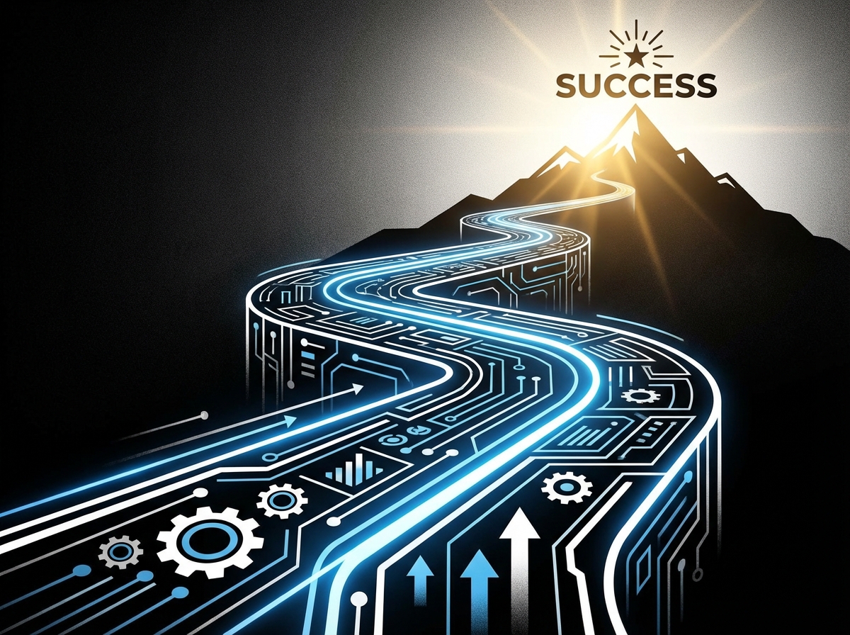 High contrast illustration of a digital roadmap leading to a glowing peak, symbolizing business success and strategy, professional design, 4:3