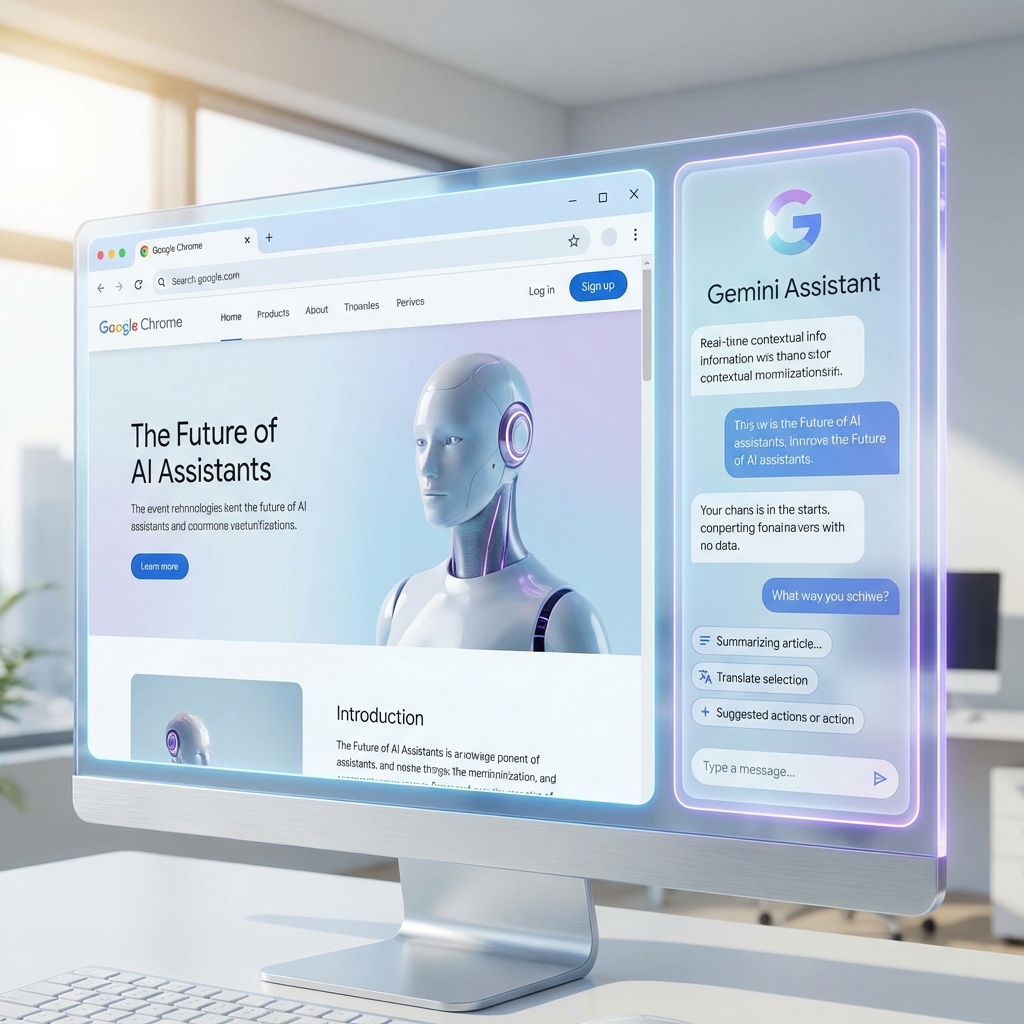 A futuristic concept of Google Chrome browser with a clean Gemini AI sidebar on the right side, showcasing a smart assistant helping with web browsing, modern UI design, bright and professional atmosphere, 1:1