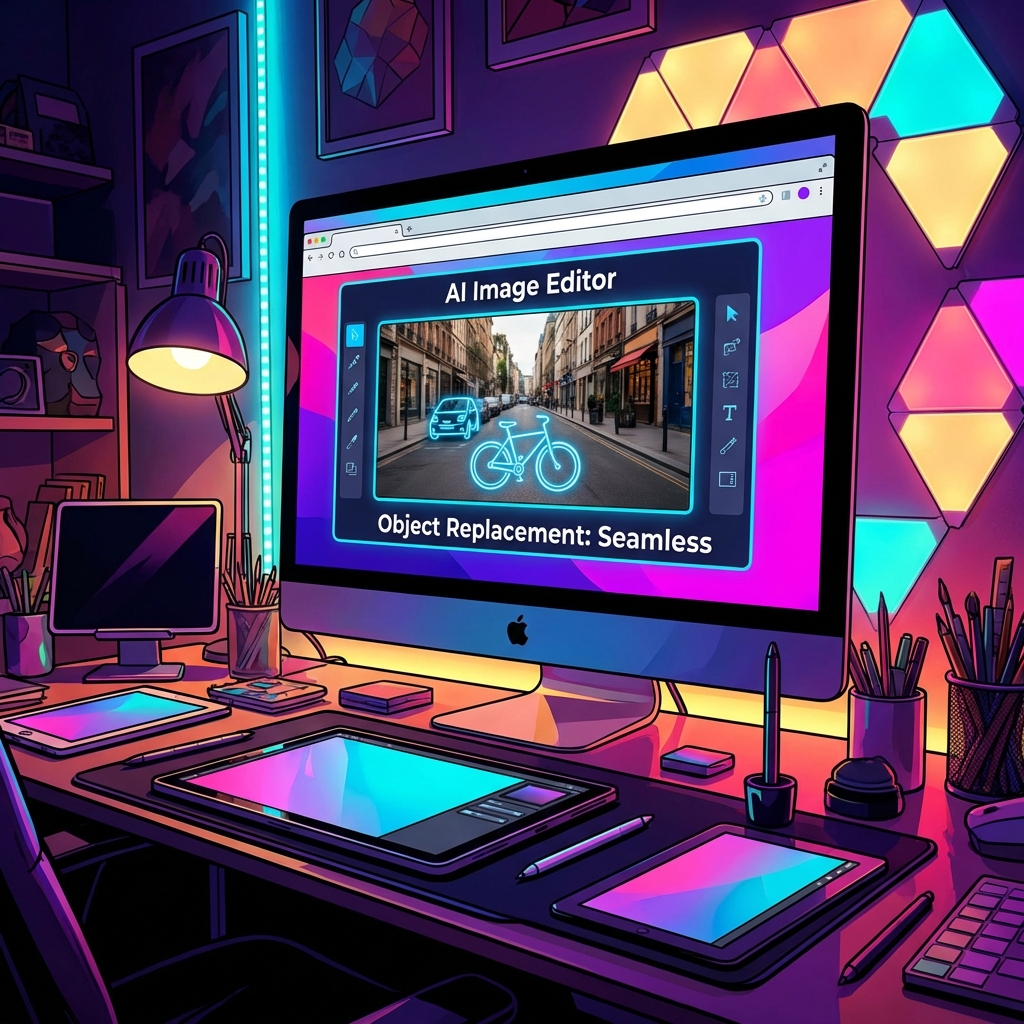 Creative digital workspace showing a browser window where an image is being edited by an AI tool, replacing objects seamlessly, high contrast, artistic rendering, modern digital art style, 1:1