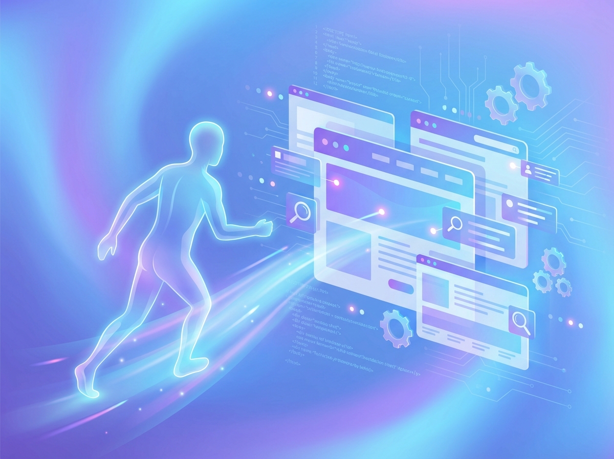 A conceptual illustration of a digital agent moving through various web pages like a transparent silhouette, performing tasks and gathering data, futuristic technology, soft blue and purple gradient background, 4:3