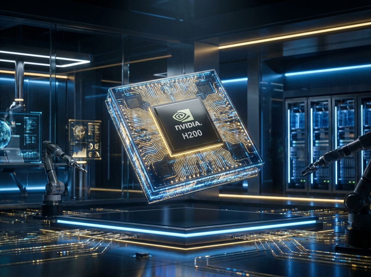 A futuristic high-end Nvidia H200 AI semiconductor chip glowing with golden and blue light circuits, floating in a dark high-tech laboratory environment, hyper-realistic, 4:3