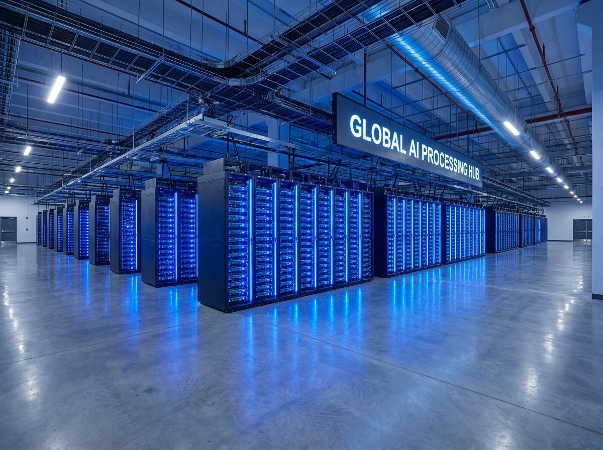 A vast and modern data center with rows of server racks glowing with blue LED lights, representing high-speed AI processing power, clean and professional atmosphere, 4:3
