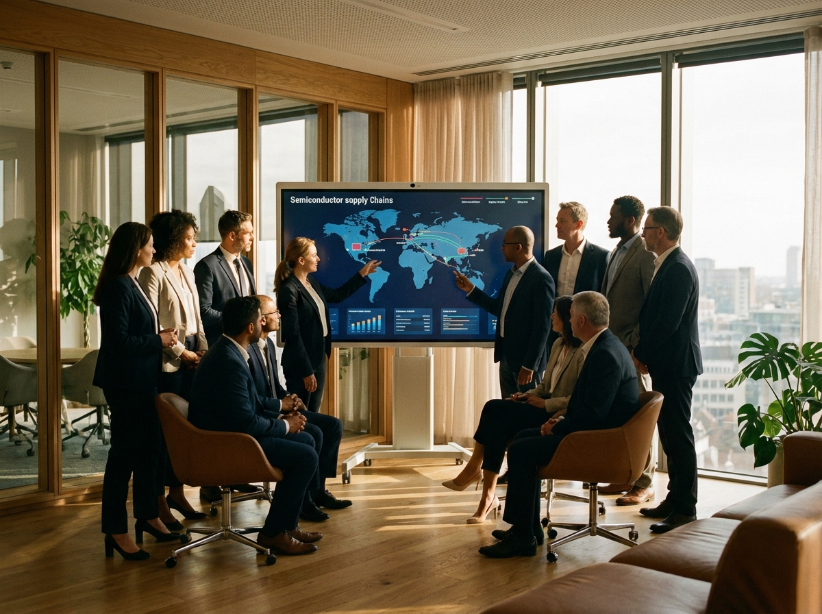 Diverse group of professional tech executives in a modern boardroom discussing semiconductor strategy, looking at a digital world map, warm lighting, natural professional setting, 4:3
