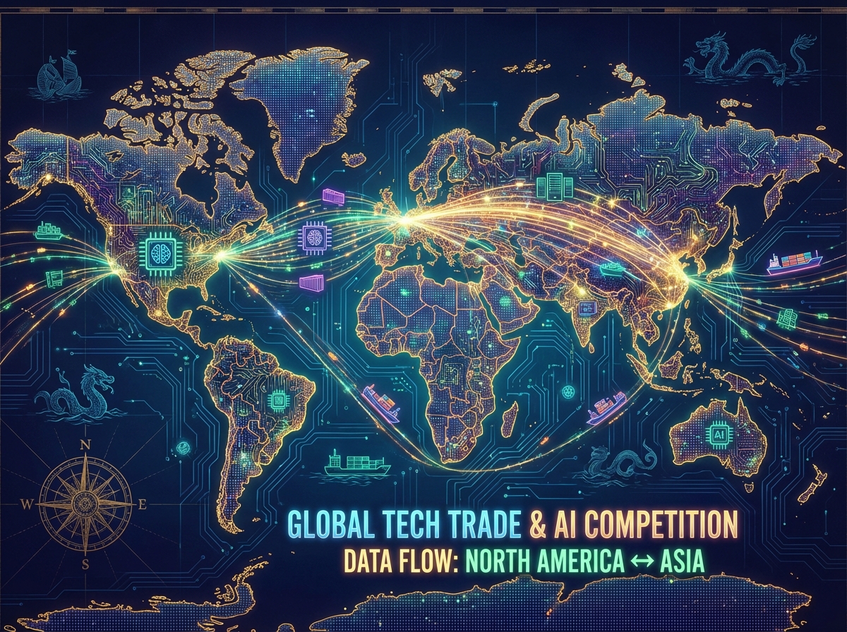 A stylized digital map of the world showing glowing data connections between North America and Asia, symbolizing global tech trade and AI competition, artistic rendering, 4:3