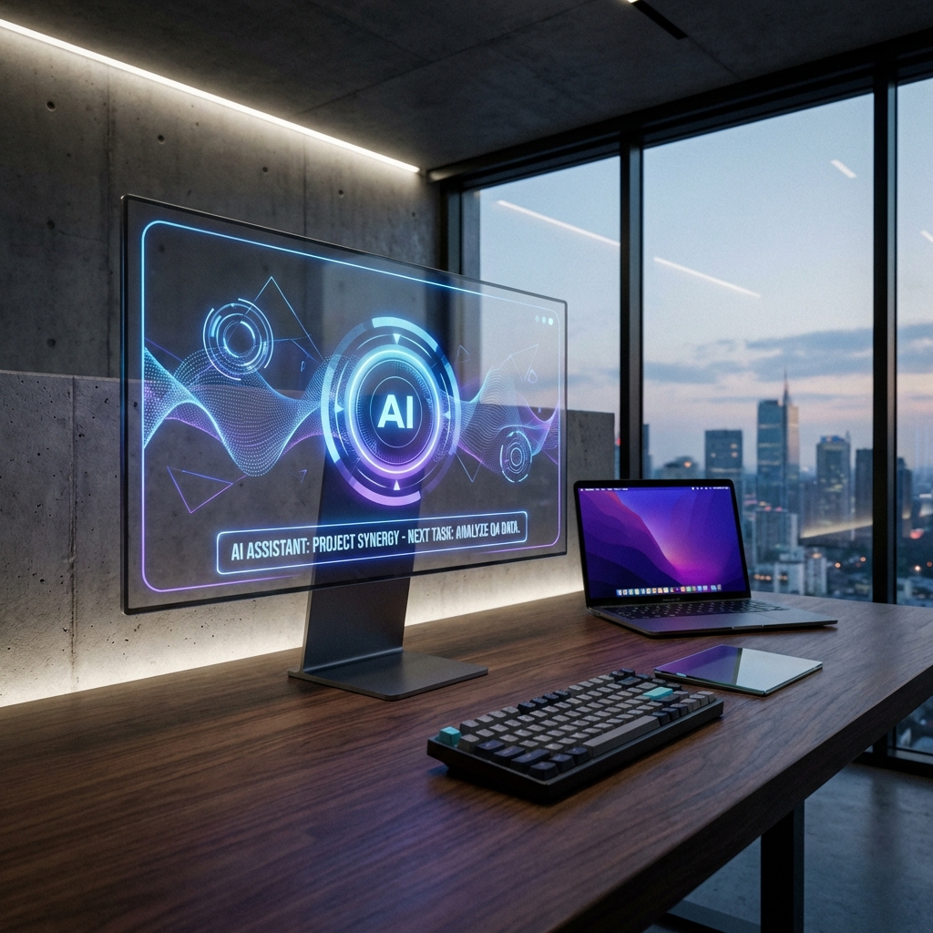 A sleek and minimal desk setup with a glowing AI assistant interface displayed on a transparent screen. The atmosphere is professional and innovative. High contrast, modern layout, 1:1
