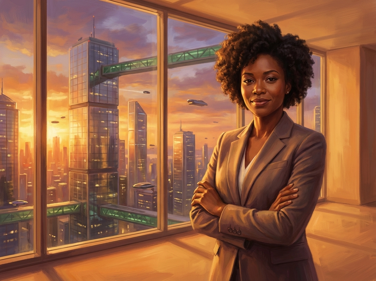 A confident professional person standing in front of a window looking out at a futuristic city skyline. The lighting is warm and sunset-toned, suggesting a bright and hopeful future. Detailed composition, artistic rendering, 4:3
