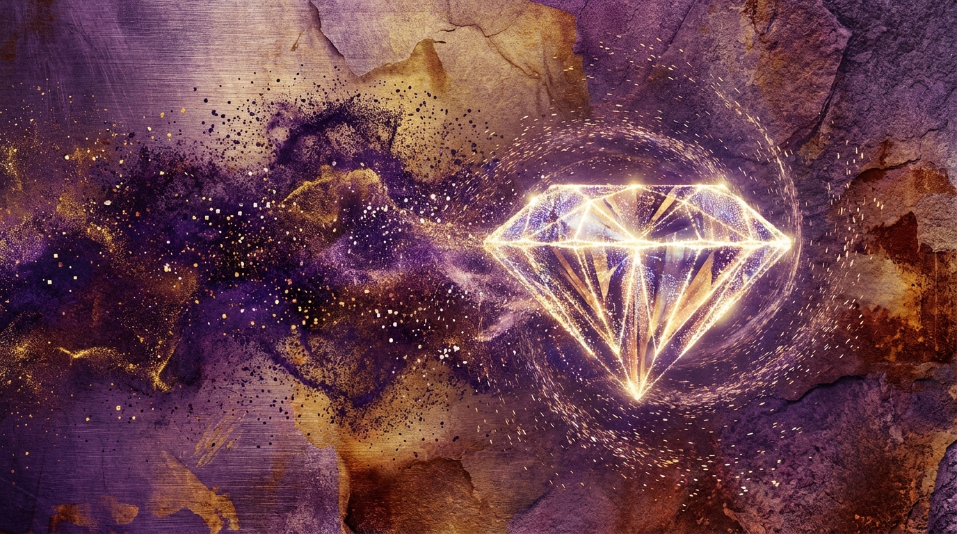 An artistic representation of data becoming crystal clear, with scattered digital particles forming a perfect, luminous diamond shape. Deep purple and gold color palette, textured background. 16:9 aspect ratio. NO TEXT.