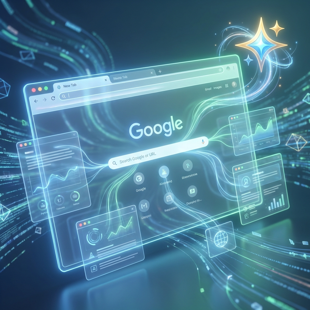 A futuristic Google Chrome browser window with a glowing AI sparkle icon floating over it, abstract digital data streams connecting different web elements, clean and modern UI design, bright high-tech atmosphere, 1:1