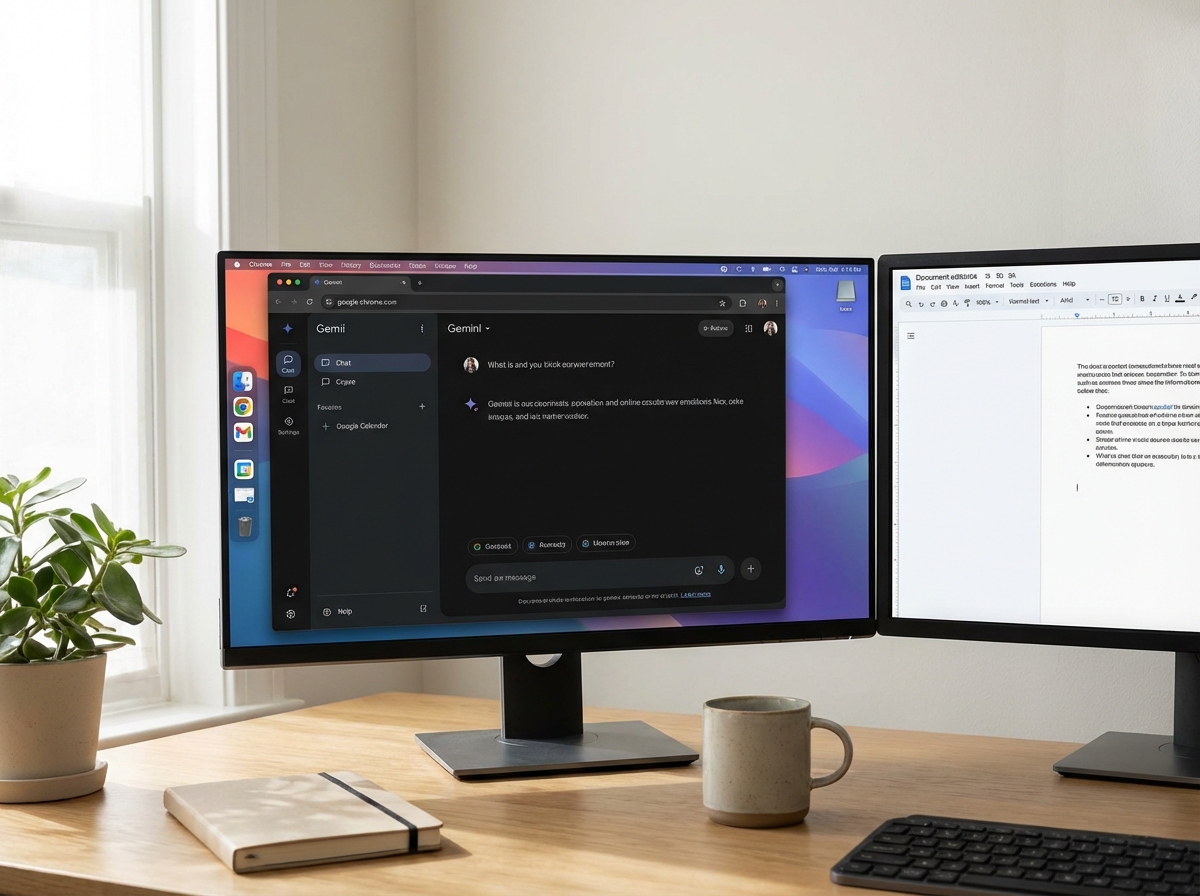 A split-screen desktop view showing a Google Chrome browser with a Gemini AI sidepanel, integrated with Gmail and Google Calendar icons, professional and minimalist workspace, soft natural lighting, 4:3