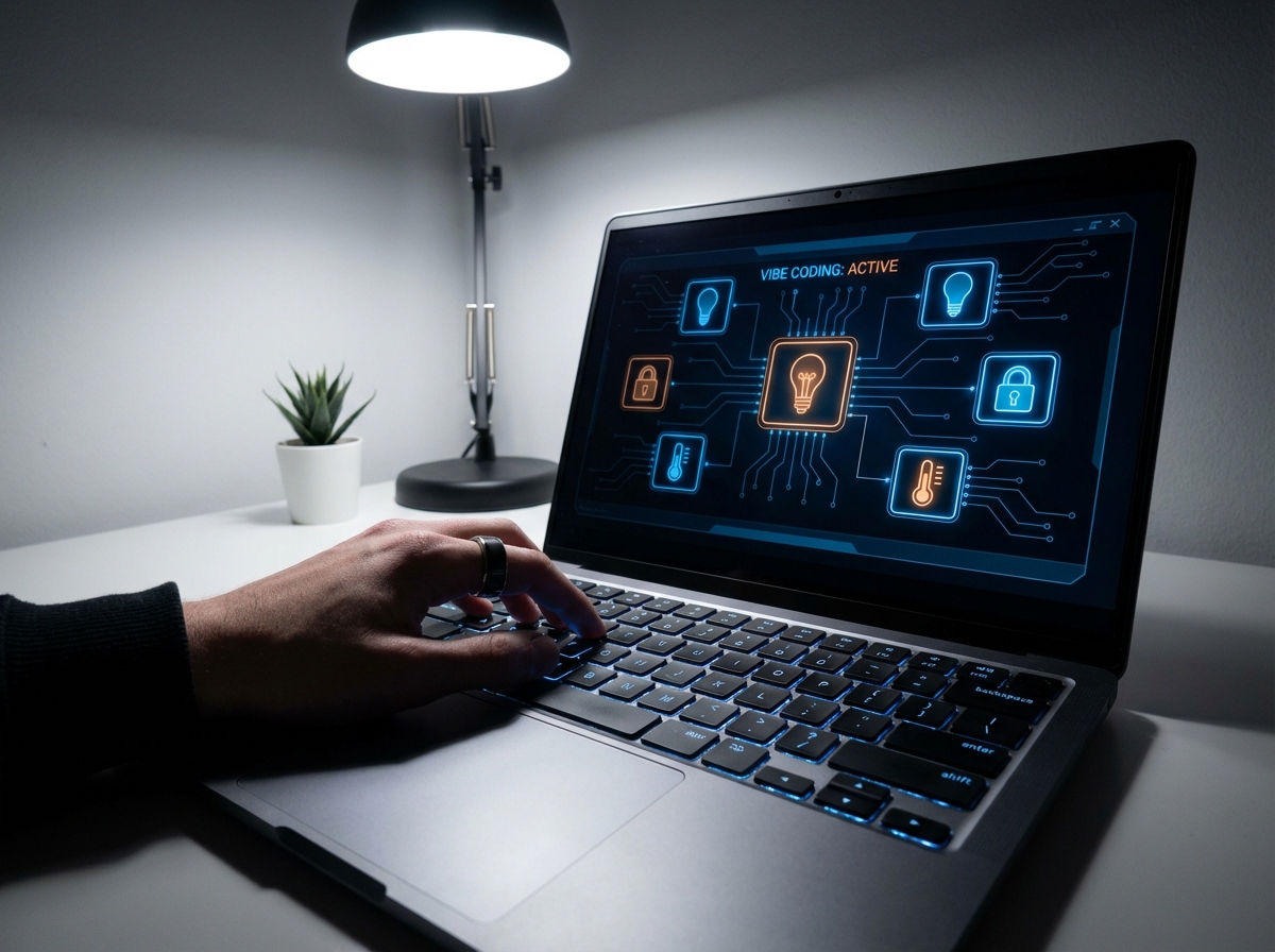 A futuristic digital interface on a laptop screen showing smart home icons like light bulbs, locks, and thermostats connected by glowing lines. A person hand is typing on the keyboard. Vibe Coding concept. Minimalist modern workstation. 4:3